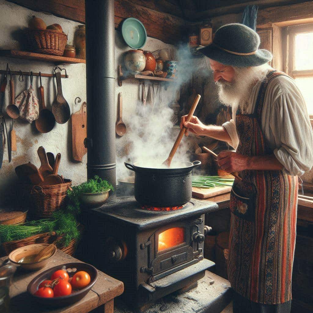 Un homme barbu portant un chapeau et un tablier remue une marmite fumante sur un poêle à bois rustique dans une cuisine familiale. La pièce est remplie de divers ustensiles de cuisine, de légumes frais et d'herbes. La lumière du soleil entre par une fenêtre, créant une atmosphère chaleureuse parfaite pour cuisiner.